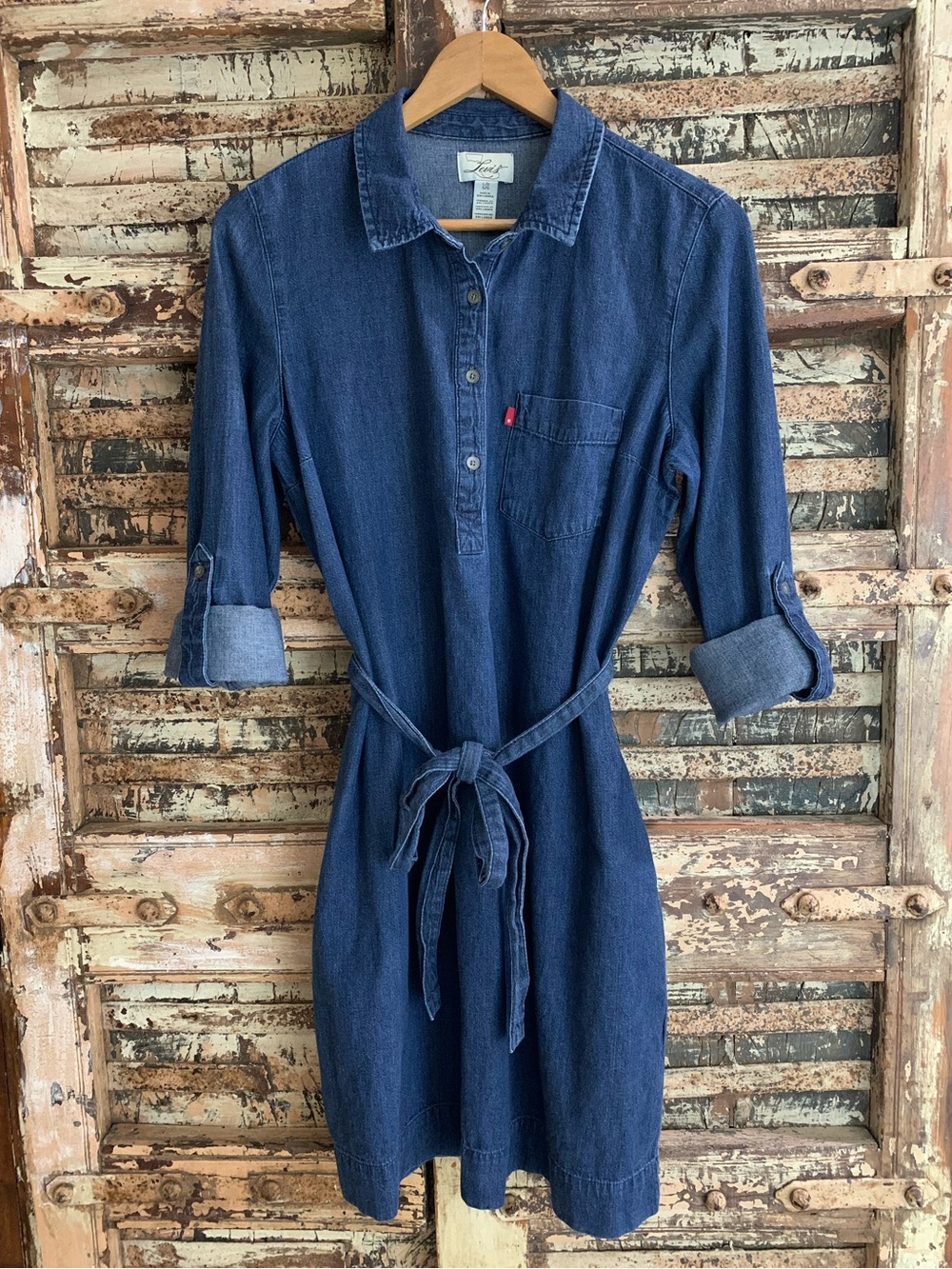 Levi's Indigo Blue Denim Tunic Shirt Dress, Roll-Tab Sleeve, Y2K, Western, Large